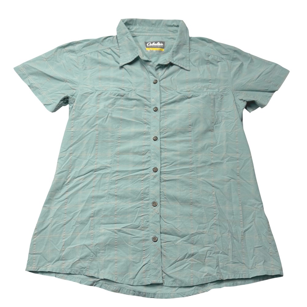 Cabelas Womens Button Down Shirt Blue Plaid Short Sleeve Nylon Hiking Fishing S